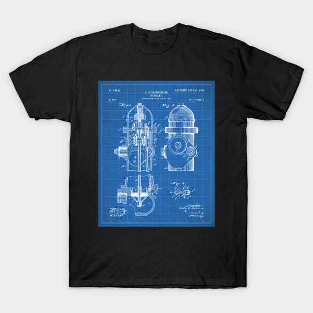 Fire Fighter Patent - Fire Hydrant Art - Blueprint T-Shirt by patentpress